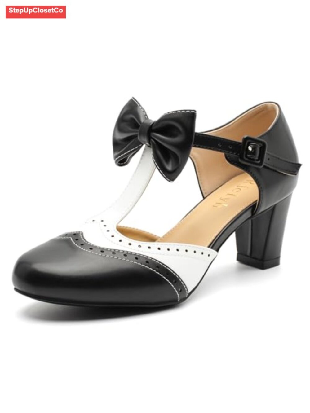 Faux Leather T-Strap Mary Jane Pumps Bow Block Heel Dress Shoes